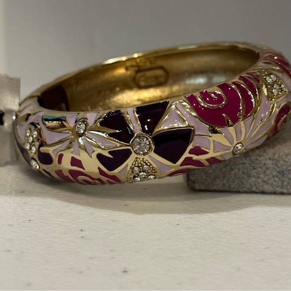 NWT Sequin by Nordstrom Clamper Bracelet-gold tone Floral print in pink & purple - Picture 12 of 14